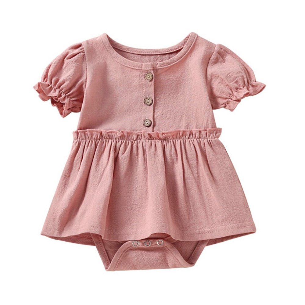 Pink Button Front Ruffle Cotton Baby Romper Dress